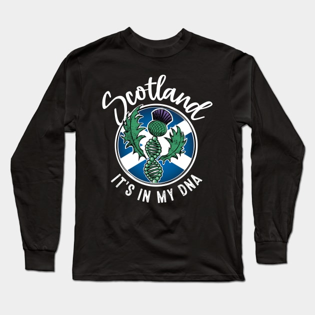 Scotland - It's in my DNA. Scottish thistle with a DNA strand on the flag of Scotland design Long Sleeve T-Shirt by RobiMerch